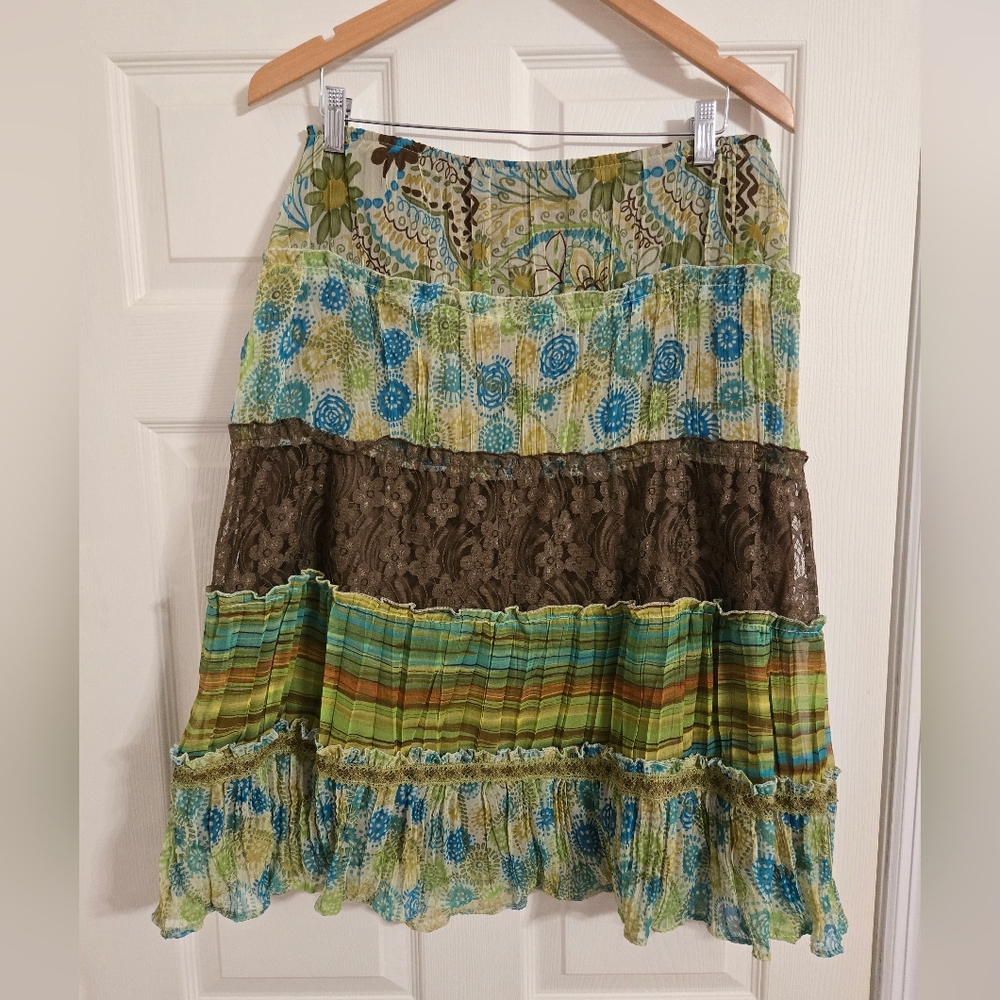 Elementz blue and green print patchwork tiered skirt size large